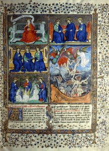 Miniature, der repræsenterer Himmeriget før skabelsen: Sapientia, Treenigheden og Lucifers uddrivelse fra himlen, ca. 1410 af French School