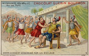 Mithridates VI af Pontus fængslet og myrdet af en slave (chromolitho) af French School