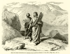Moses og Josva hører israelitternes skrig, der tilbeder guldkalven (gravering) af French School