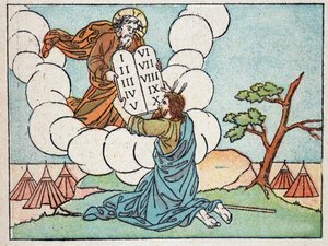 Moses modtager lovens tabeller - i ""Hellig Historie i 120 billeder"", red. House of Good Press, Paris af French School