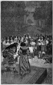 Moliere og hans trup spiller før kong Ludvig XIV og kardinal Jules Mazarin (Giulio Raimondo Mazzarino eller Mazarino) (1602-1661). Indgravering i "The Illustrous World"" 1886. af French School