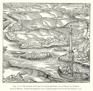 Monument opført af parisiske sømænd ved sammenløbet af Seinen og Marne; efter en indgravering af Thevets universelle kosmografi; 1575 (gravering) af French School