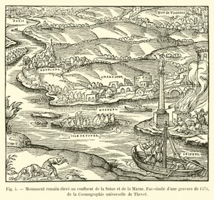 Romersk monument opført ved sammenløbet af Seinen og Marne, faksimile af en gravering fra 1575, fra Cosmographie universelle af Thevet af French School