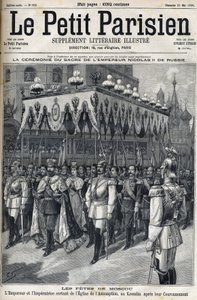 Moskva-fejringer: Kejser Nikolaj II af Rusland (1868 -1918) og Impress Alexandra Fiodorovna Romanova (1872-1918) forlader Assumptionskirken i Kreml i Moskva efter deres kroning den 14. maj af French School