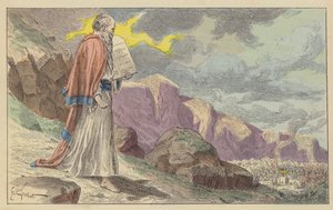 Moses vender tilbage fra Sinai-bjerget med De Ti Bud (farve litho) af French School