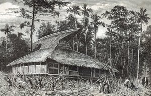 Moske i Dodinga, New Guinea, illustration fra magasinet Le Tour du Monde, 1879 af French School