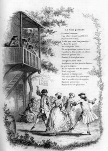 Moder Bontems (Bontemps). Dans af unge par i en landsby med musikere på balkonen. Indgravering i "" Chants et chansons populaire de la France", Tome 2 af French School