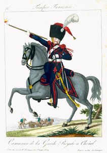 Mounted Cannonier of the Royal Guard, fra Troupes Francaises, pub. hos Basset, Paris, ca. 1790 af French School