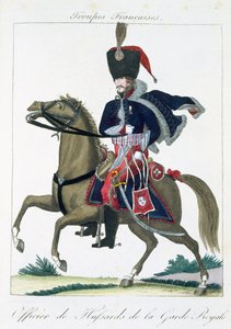 Beridet officer for Husarerne af den kongelige garde, fra Troupes Francaises, pub. hos Basset, Paris, ca. 1790 af French School