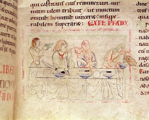 Ms.1215 t.3 fol.158v, Måltid med Judith og Holofernes, fra Etienne Hardings bibel, 1109