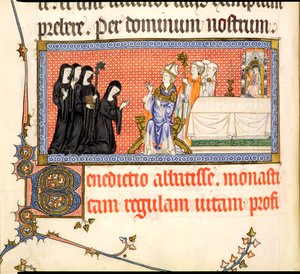 Ms.298 f82v Præsentationen af en Abbedisse, fra Metz Pavekirken, skrevet for Raymond Bar, Biskop af Metz, 1302-16 af French School