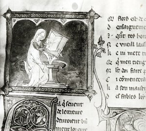 Ms.3142 fol.256 Marie de France (fl. 12. århundrede) skrift, fra en antologi med franske digte, ca. 1280-90 (detaljer) af French School