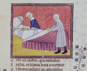 Ms 1130 fol.83r Chastity and Poverty at lave en seng, fra Le Roman des Trois Pelerinages af Guillaume de Digulleville af French School