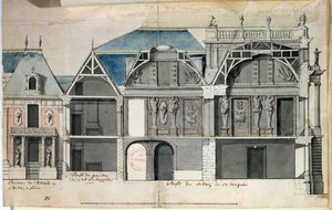 Ms 130736 Tværsnit af en fløj af Chateau de Versailles konstrueret af Louis Le Vau ((1612-70) (wc på papir) af French School