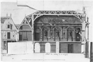 Ms 130736 Syd-nordlige tværsnit af Grand Salon og Salle de Diane i Chateau de Versailles konstrueret af Louis Le Vau ((1612-70) (wc på papir) af French School
