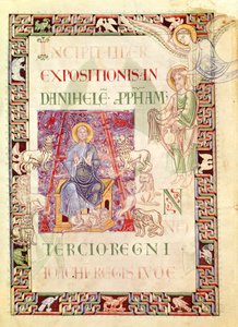 Ms 132 f.2v Daniel in the Lions Den Fed af Habakkuk, fra Explanatio in Prophetas et Ecclesiasten af St. Hieronymus af French School