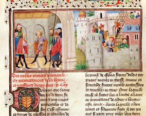Ms 149 t.1 fol.16 En aftale og bygningen af et slot, fra Histoire des Nobles Princes de Hainaut, af Jacques de Guise af French School