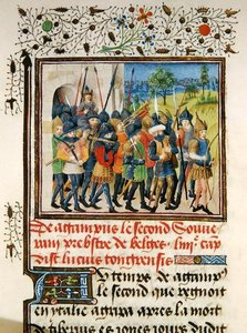 Ms 149 t.1 fol. 45 En hær på felttog, fra Histoire des Nobles Princes de Hainaut, af Jacques de Guise af French School
