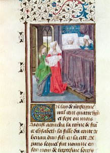 Ms 149 t.3 f.119 Ludvigs fødsel (1187-1226) i 1187, fra Histoire des Nobles Princes de Hainaut, af Jacques de Guise af French School