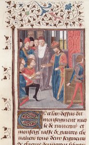 Ms 149 t.3 fol.95v Udnævnelse af to riddere, fra Histoire des Nobles Princes de Hainaut, af Jacques de Guise af French School