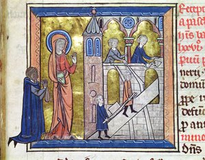 Ms 16261 f.20 Opførelse af klosteret, fra Censier de lAbbaye Sainte-Genevieve, 1270 af French School