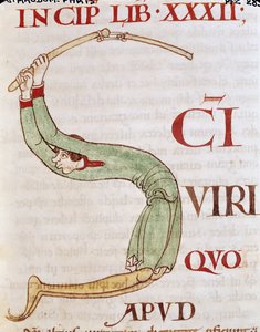 Ms 173 fol.148r Historikert initial S, der forestiller en mand, der tærsker, fra Moralia i Job af pave Gregor den Store af French School
