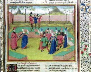 Ms 19153 f.7 A Carole in the Orchard, illustration fra Le Roman de la Rose af Jean de Meung, ca. 1460 af French School
