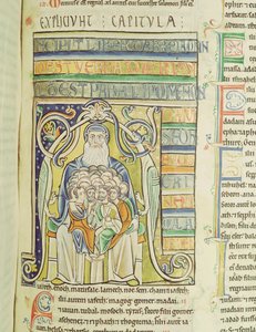 Ms 1 f.256 Historikert brev A, der skildrer generationer i Abrahams skød, fra Souvigny-bibelen af French School