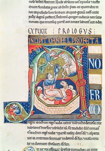 Ms 1 fol.185v Historikert initial A, der forestiller Daniel i Løvehulen, fra Souvigny-bibelen af French School
