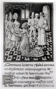 Frk. 1 fol. 6 v Isabella af Frankrig, dronning af England, tager afsked med William I, greve af Hainaut, fra Froissarts Chronicle af French School