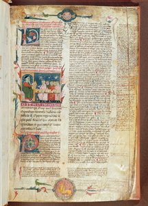 Fru 2046 fol. 1 Instruktionsscene, første side af Aforismer af Hippocrate med kommentarer af Galen af French School