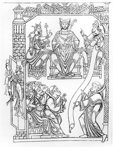 Ms 210 fol 19v. Cartulary of Mont Saint-Michel: Hertug Richard II af Normandiet giver en gave af jorder og privilegier til klostret Mont St. Michel, (gravering efter en tegning fra 1150