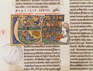 Ms 21 Fol.163v Historikert initial E, der viser Jonas, der bliver kastet i havet, fra en uspecificeret bibel