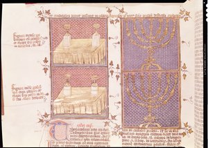Ms 290 Tome 1 f.89v Offertabel og menoraen, fra Postilles sur la Bible af Nicolas de Lyre