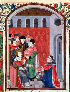 Ms 3045 fol.1 Jean de Meung (1240-1305) tilbyder sin oversættelse til Philippe le Bel (1268-1314) fra The Consolation of Philosophy af Boethius af French School