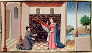Ms 3045 fol.68v Lady Philosophy tilbyder Boethius vingerne, der vil sætte hans sind i stand til at flyve i vejret af French School