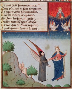 Ms 3045 fol.94r Lady Philosophy fører Boethius i flugt til himlen på de vinger, som hun har givet ham; Gud Fader ser på i velsignelse af French School