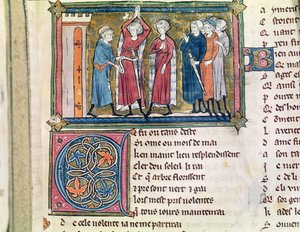 Ms 3142 fol.179 Bevæbning af en ridder, fra Recueil de Poesies Francaises, c.1280-90 af French School