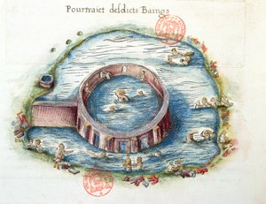 Ms 3242 The Baths of Bourbon-Lancy, illustration fra Generale Description du Bourbonnais af Nicolas de Nicolay, 1569 (wc på papir) af French School