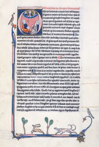 Ms 3458, historisk initial O, der forestiller den antikke græske filosof Aristoteles, der underviser en gruppe gejstlige fra Vesteuropa og peger opad mod Gud i himlen (pen & blæk og tempera) af French School