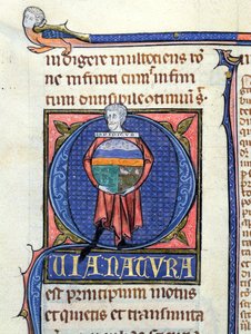 Ms 3469 Philosopher holder en globus med de fire elementer, fra Physics af Aristoteles (384-322 f.Kr.) (pen, blæk og tempera på vellum) af French School