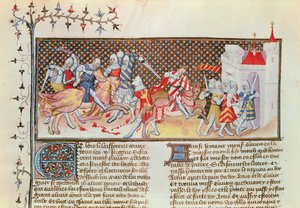 Ms 3479 t.1 fol.558 Scene med riddere, der kæmper, fra Livre de Messire Lancelot du Lac af French School