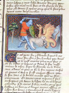 Ms 3480 Yvain, Ridderen med Løven, kæmper mod en drage, miniature fra Roman de Lancelot af French School