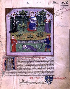 Ms 3522 fol.1 Forfatteren, der lader som om han sover, er vidne til et skænderi mellem en ridder og en biskop, fra 