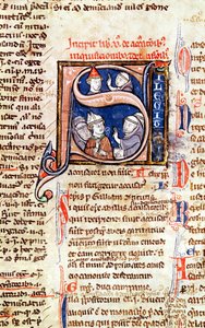 Ms 365 fol.350 Historikert initial S, der forestiller pave Gregor IX (1220-50) med biskopper og abbeder, fra Gregor IX. af French School