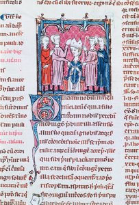Ms 372 fol.158v Tronsættelse af en biskop, fra Decrets de Gratien af French School