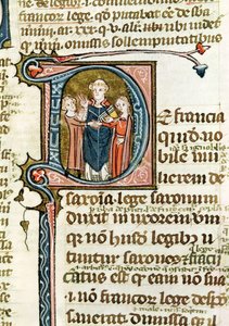Ms 376 f.320 Historikert initial D, der viser en præst, der velsigner et ægteskab, fra Les Gregoriennes af French School