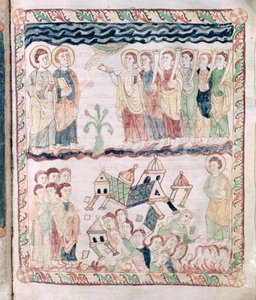 Ms 386 fol.25r Engle med trompeter og jorden ryster, fra Johannes-apokalypsen af French School