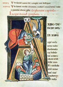 Ms 3 fol.233 Historikert initial A, der forestiller Daniel i Løvehulen, fra Bibelen de Saint-Sulpice de Bourges