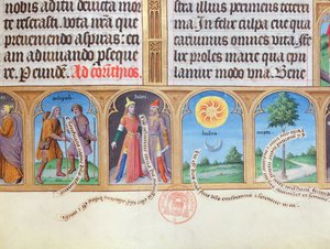 Ms 412 Book of Hours med illustrationer af pilgrimme, jøder. sol, måne og myrte af French School